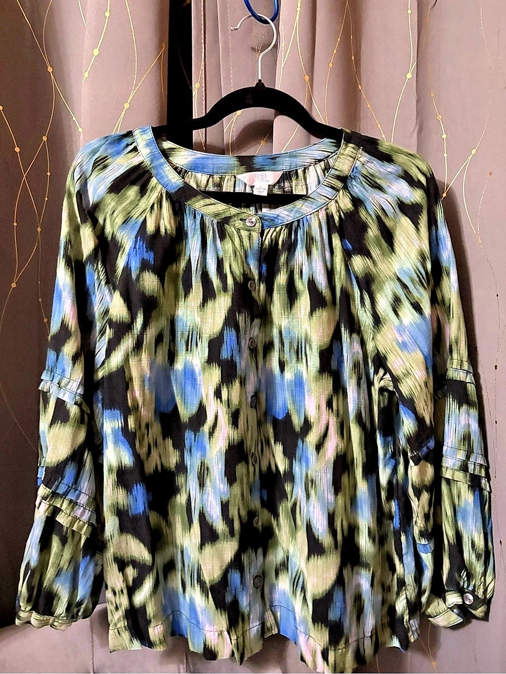 TIME AND TRU Abstract Long Sleeve Blouse in Green & Blue Size Large